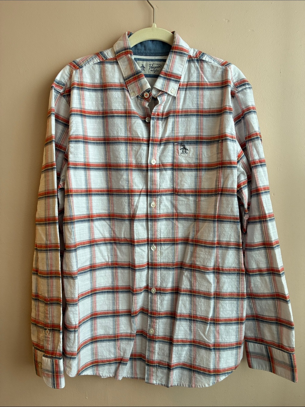 Original Penguin White Plaid Button-Down Shirt with Red & Gray Stripes